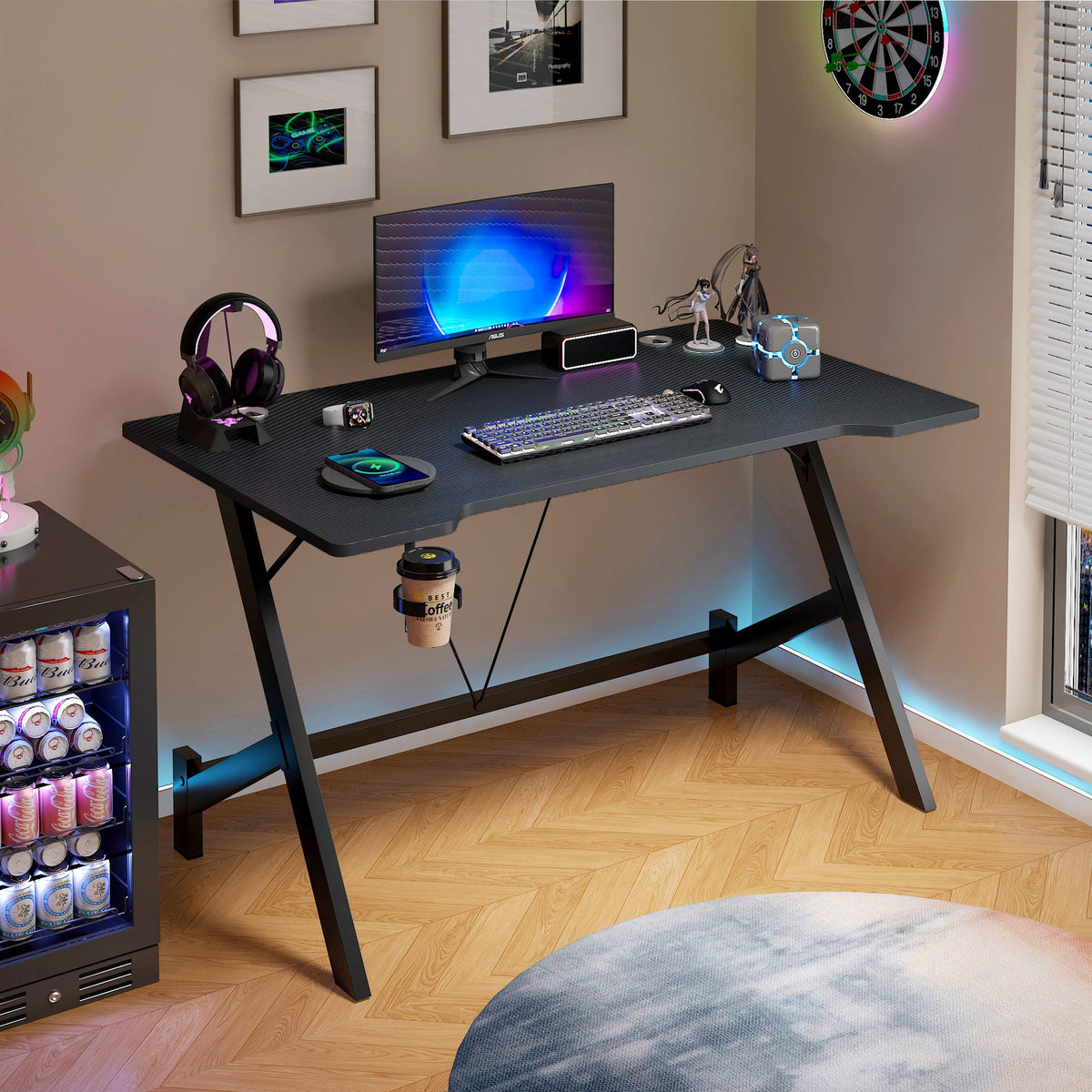 Gaming-Schreibtisch mit Getränkehalter, 110 cm, Schwarz – Bild 4