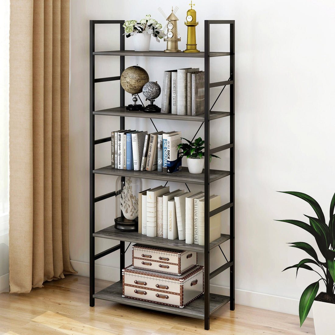 Bücherregal mit 5 Ebenen aus Holzdekor und Stahl