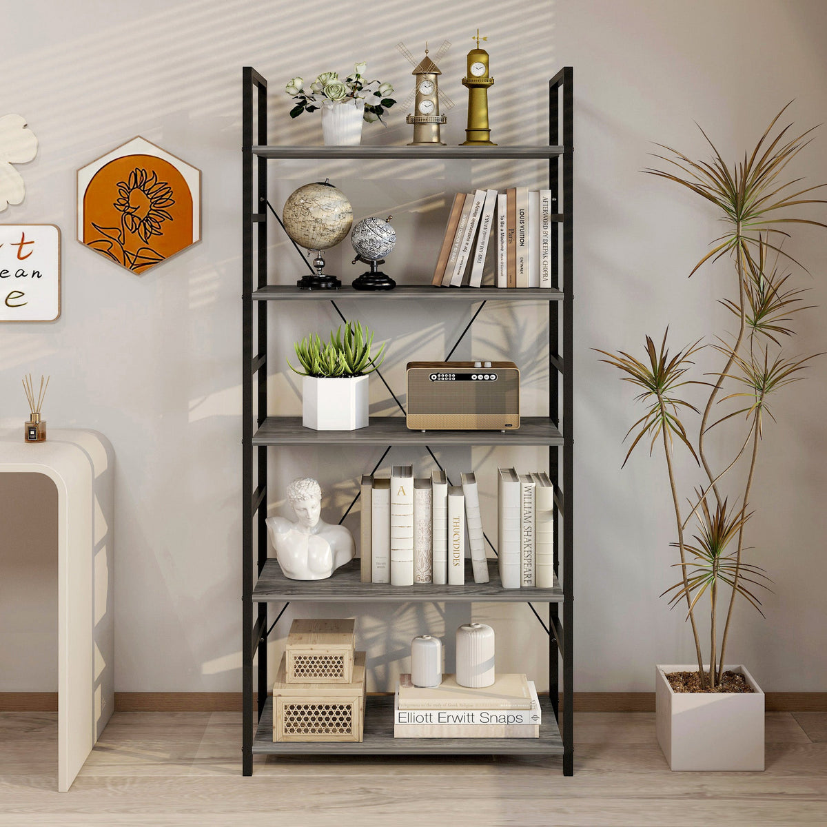 Bücherregal mit 5 Ebenen aus Holzdekor und Stahl – Bild 3