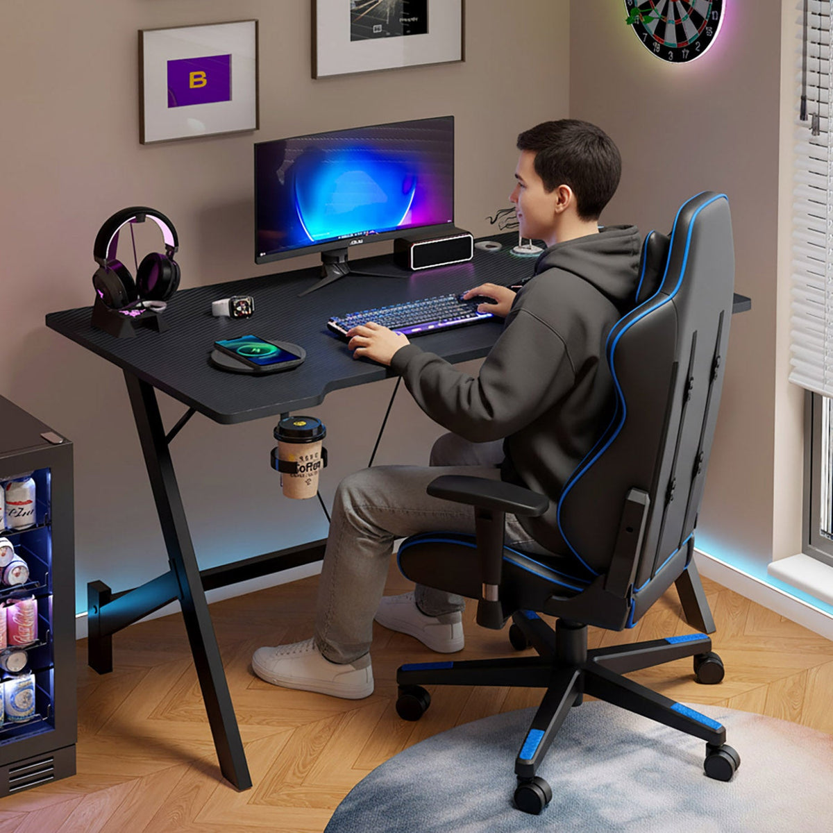 Gaming-Schreibtisch mit Getränkehalter, 110 cm, Schwarz – Bild 6