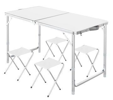 5-teiliges Klapptisch-Set mit vier Hockern, Weiß