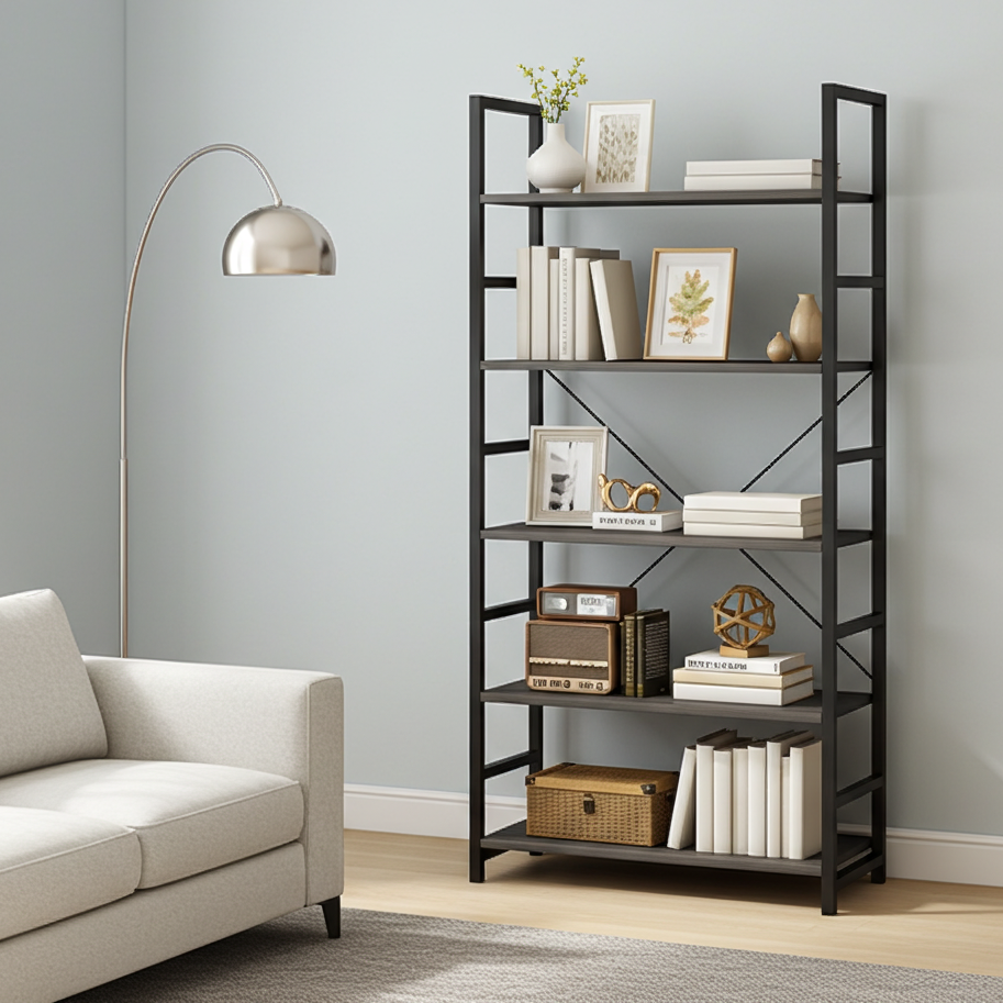 Bücherregal mit 5 Ebenen aus Holzdekor und Stahl – Bild 6