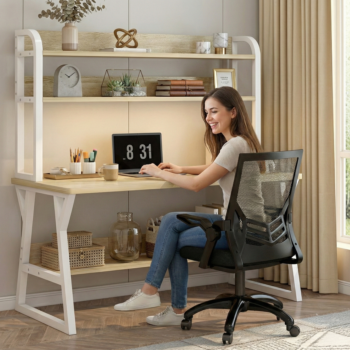 Aspire Schreibtisch mit Bücherregal, Eiche und Weiß – Bild 3