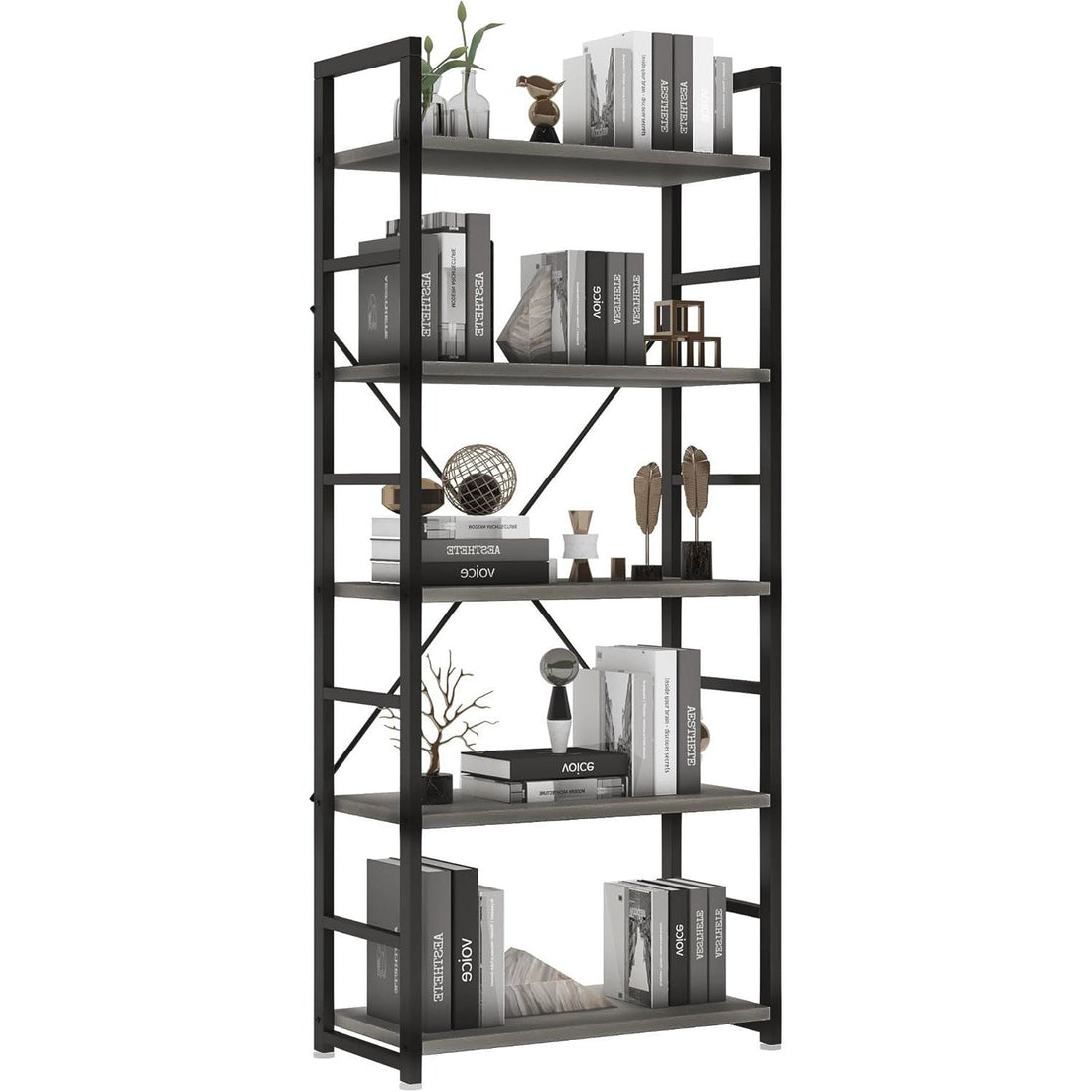 Bücherregal mit 5 Ebenen aus Holzdekor und Stahl