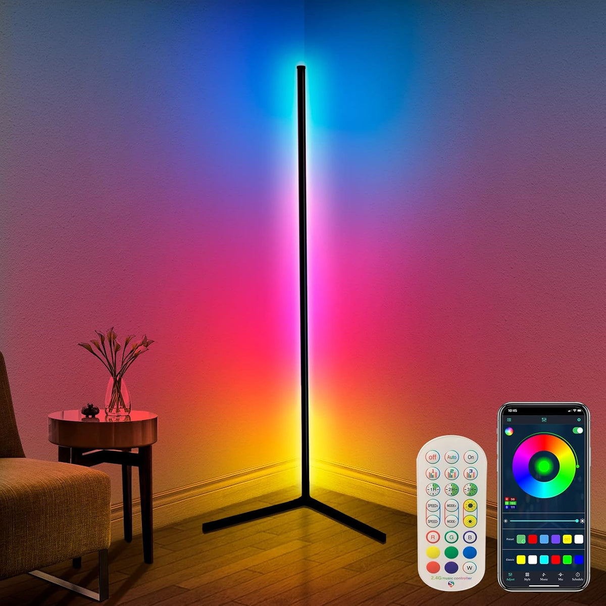 RGB-LED-Eckstehleuchte mit App- und Fernbedienung – Bild 5