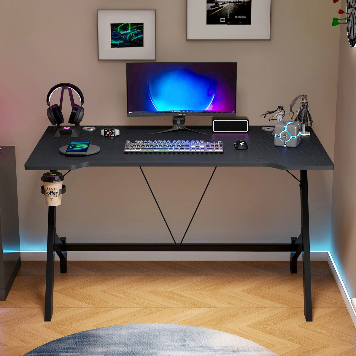 Gaming-Schreibtisch mit Getränkehalter, 110 cm, Schwarz – Bild 2