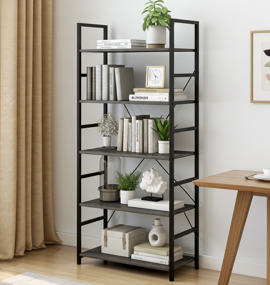 Bücherregal mit 5 Ebenen aus Holzdekor und Stahl – Bild 4