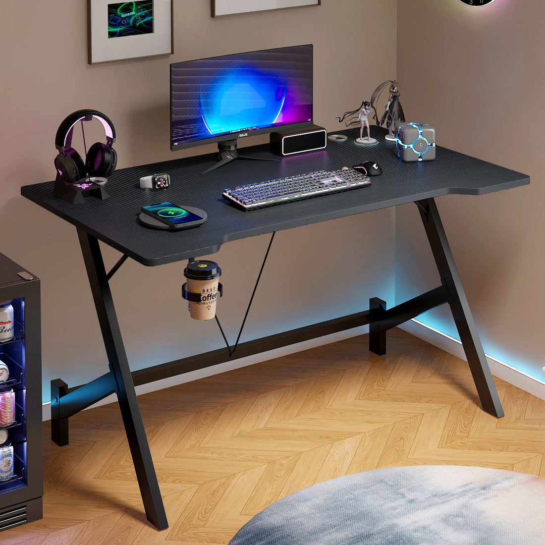 Gaming-Schreibtisch mit Getränkehalter, 110 cm, Schwarz